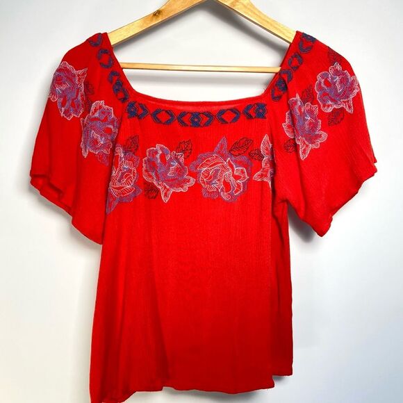 Red Square Neck Top Flowy Embroidered Short Sleeve Fairy Floral Boho Cottage S - Picture 1 of 8